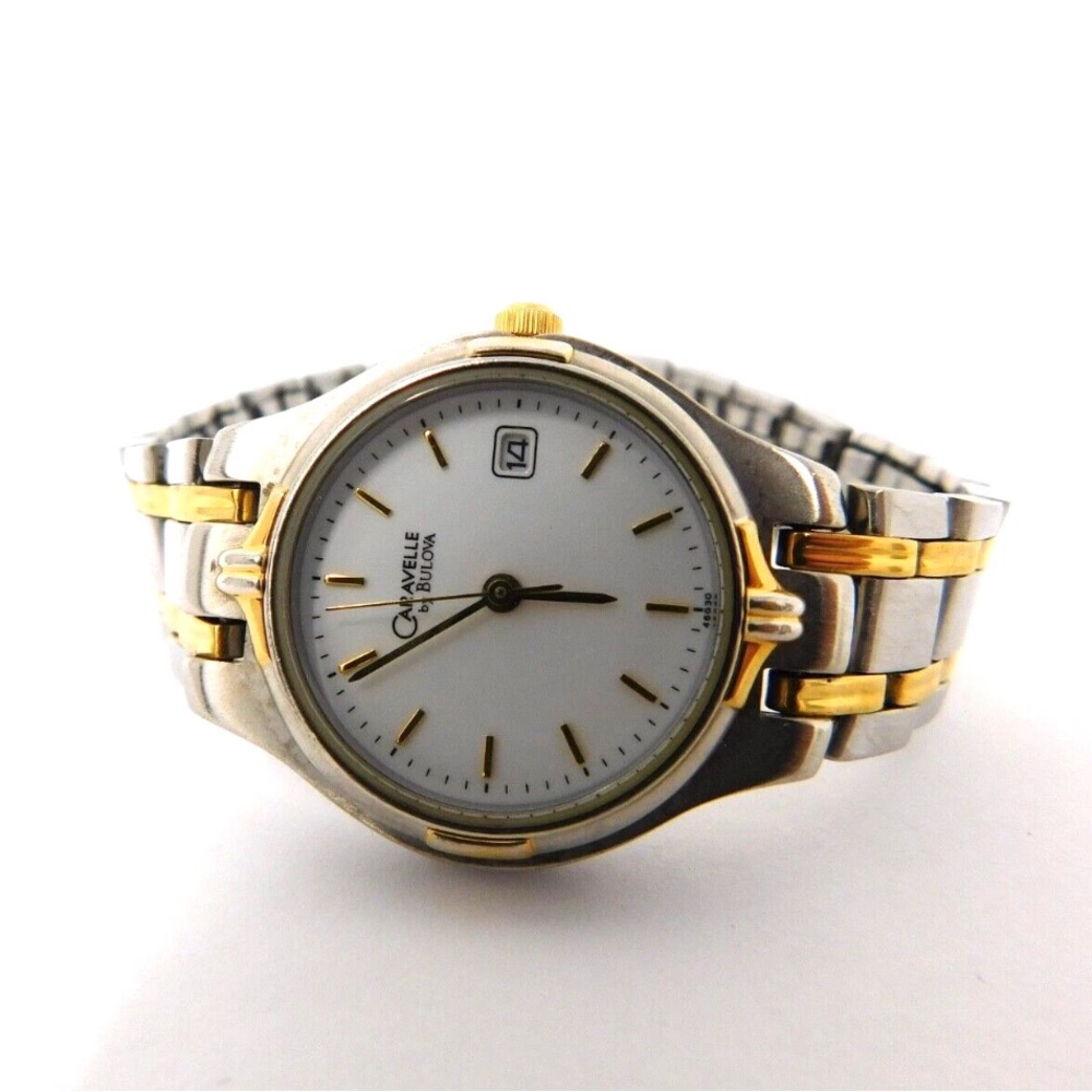 Caravelle By Bulova Women Watch Vintage 46G30 Gold Silver Tone Date Ladies White